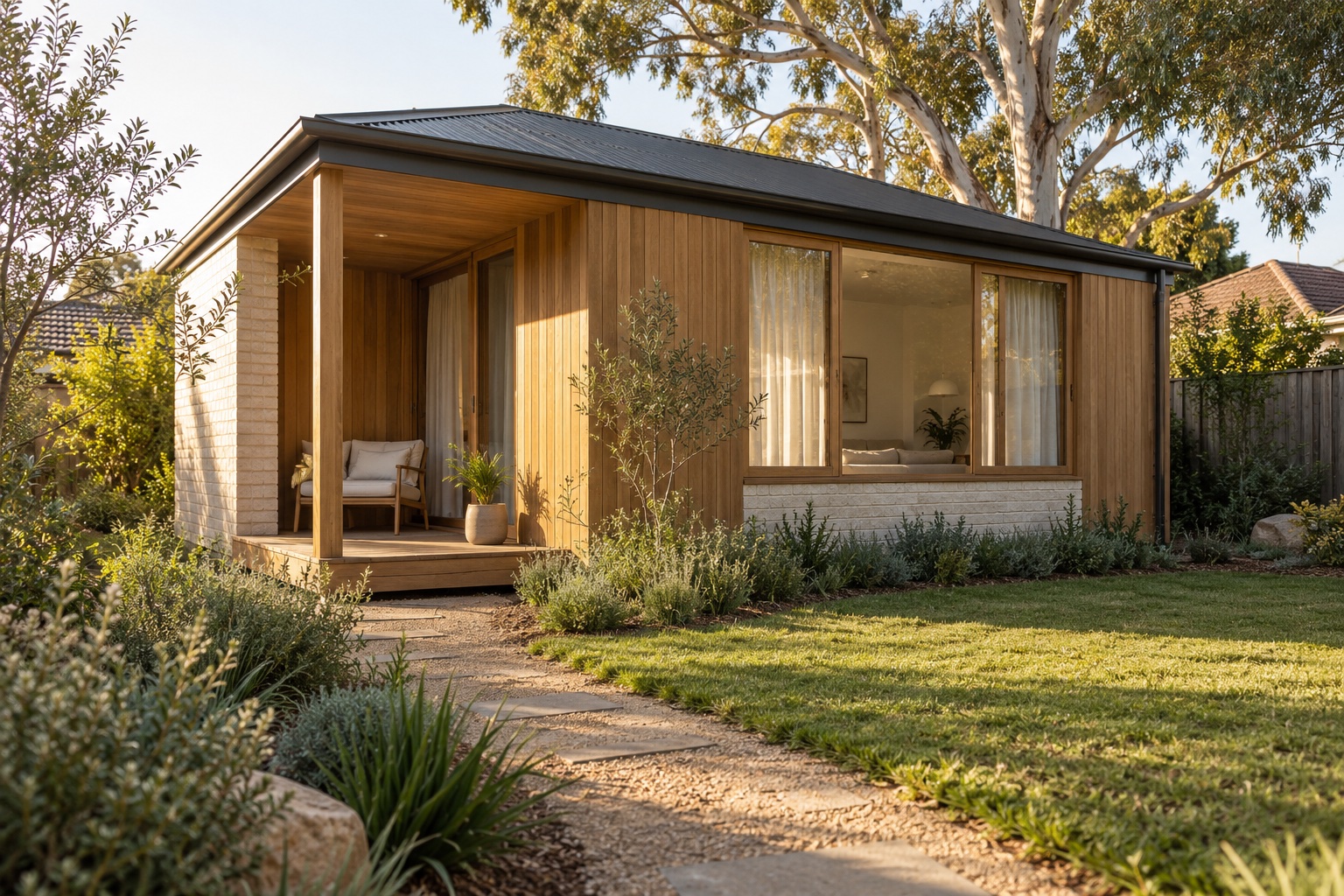 AI-generated concept of a compact timber granny flat in a suburban garden
