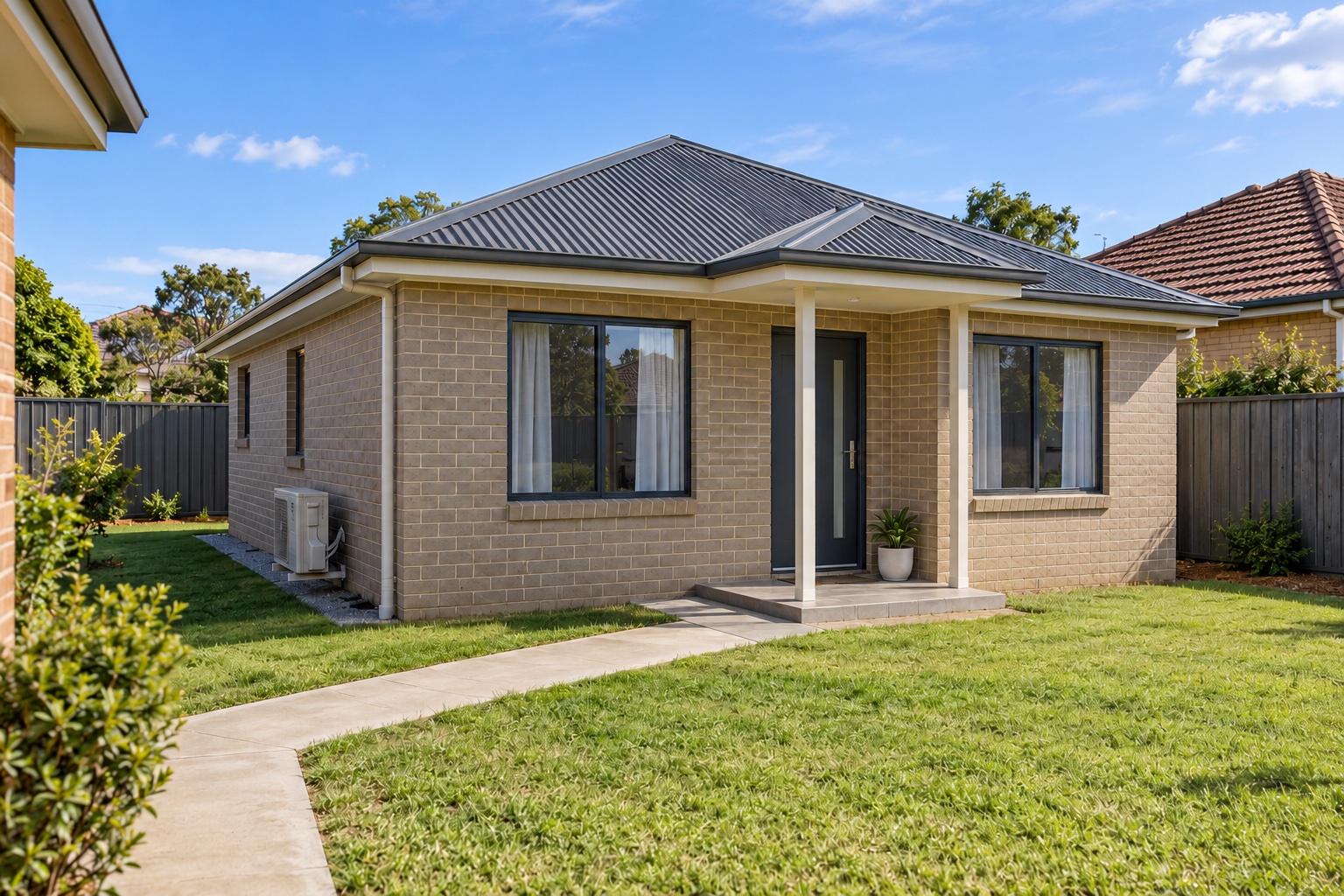 AI-generated concept of a brick granny flat with a two-post entrance porch in a Sydney backyard