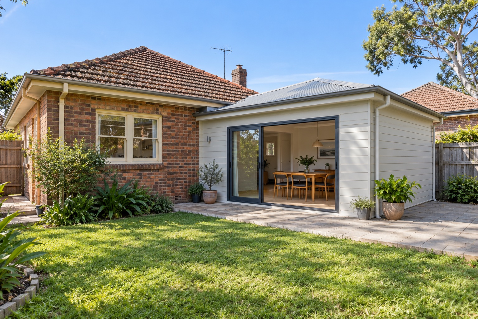 AI-generated concept of a rear extension joined to an older Sydney brick home