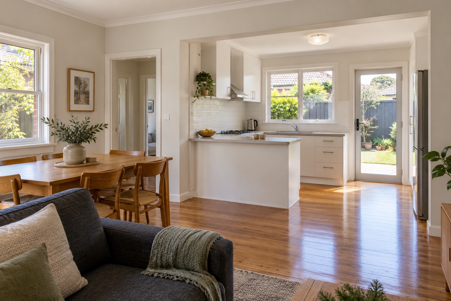 AI-generated concept of a renovated older home with connected kitchen, dining and living spaces