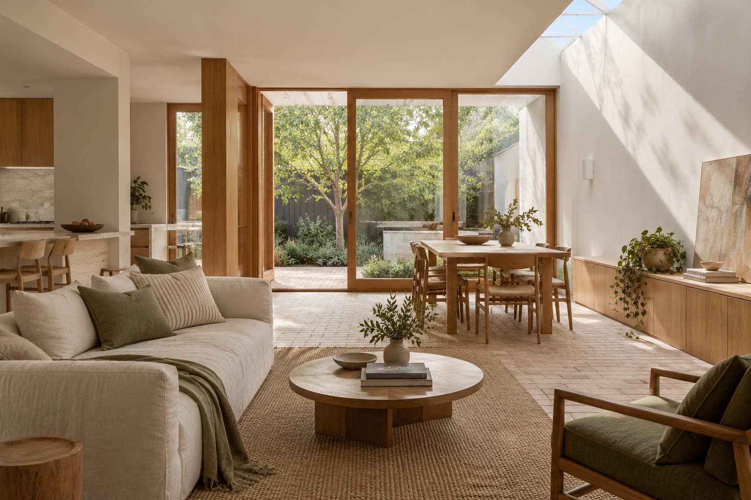 AI-generated concept of an open-plan living and dining room connected to a courtyard
